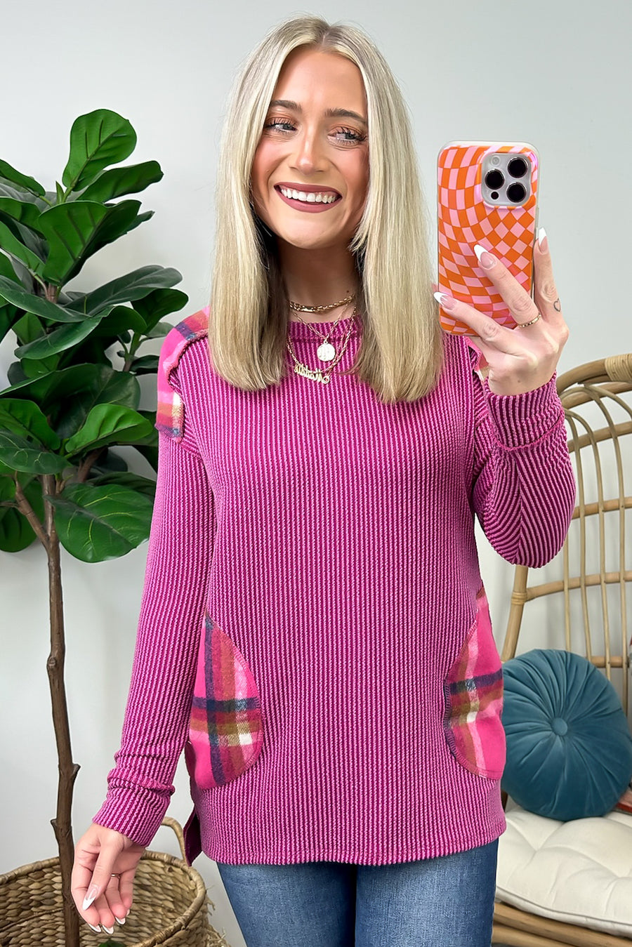 Fuchsia / S Autumn Sweetheart Plaid Contrast Rib Knit Top - FINAL SALE - Madison and Mallory