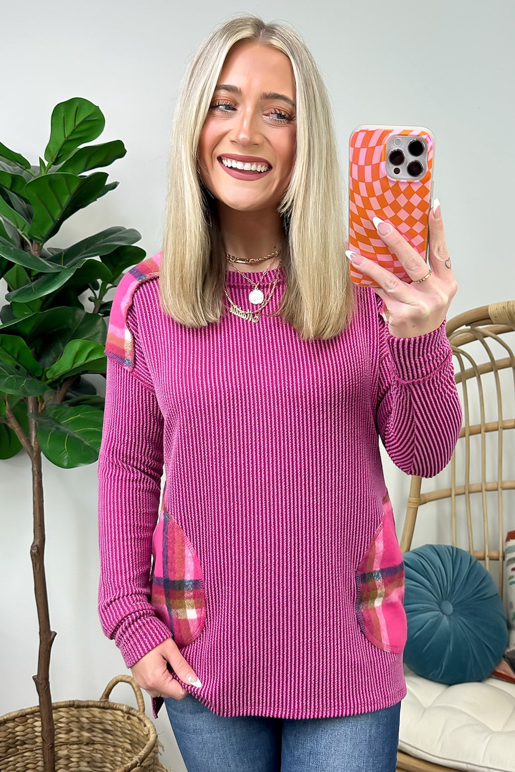  Autumn Sweetheart Plaid Contrast Rib Knit Top - FINAL SALE - Madison and Mallory