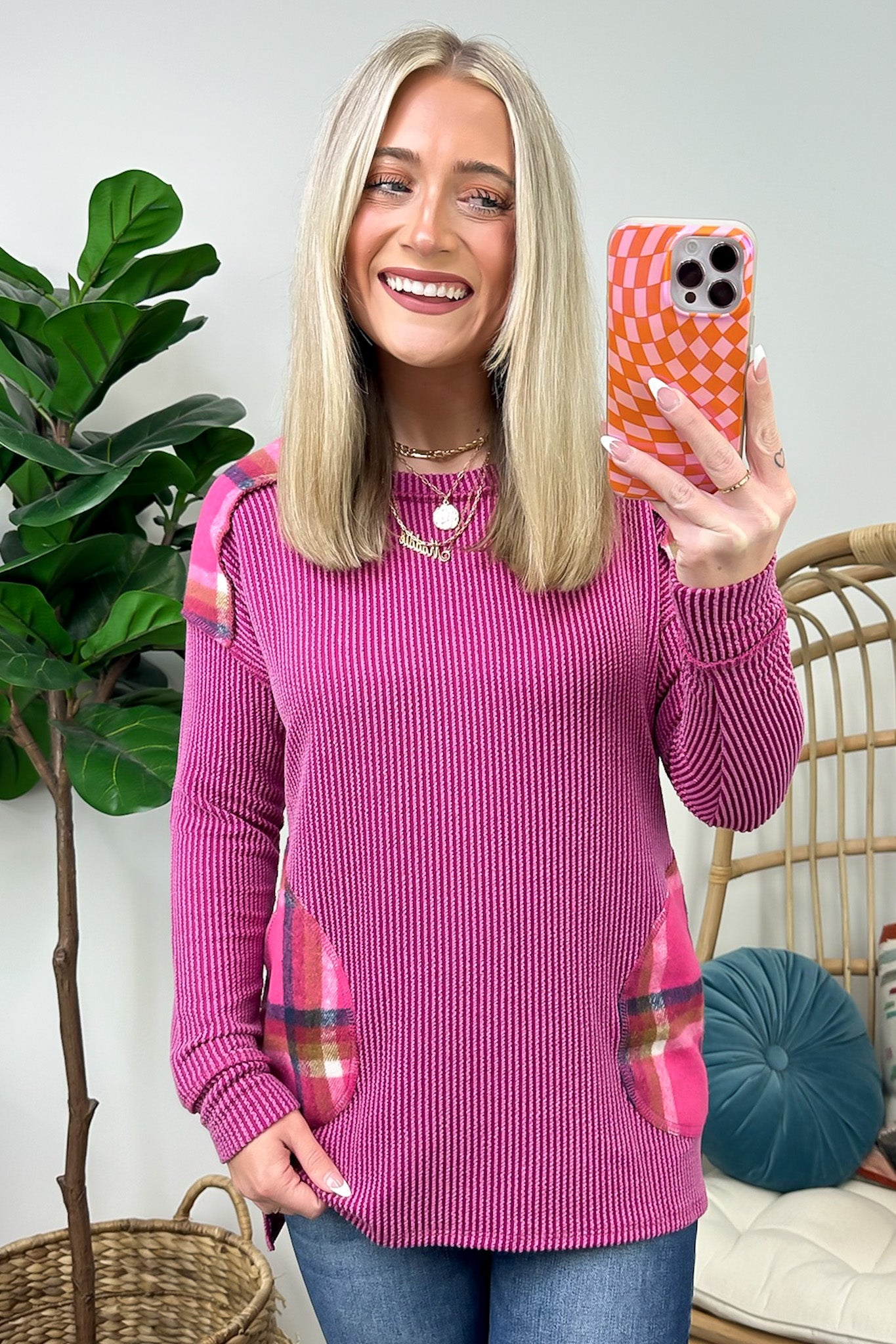  Autumn Sweetheart Plaid Contrast Rib Knit Top - FINAL SALE - Madison and Mallory
