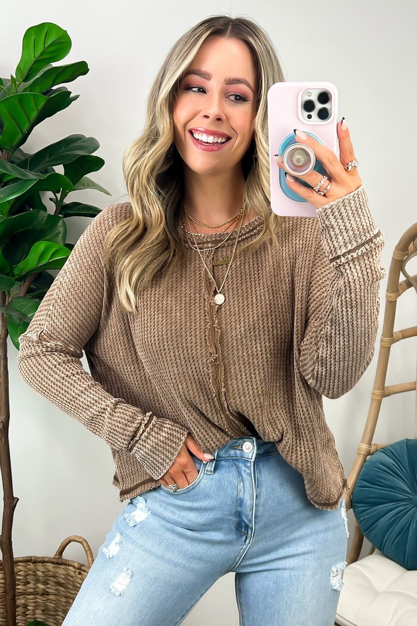  Avelyna Washed Waffle Knit Long Sleeve Top - FINAL SALE - Madison and Mallory