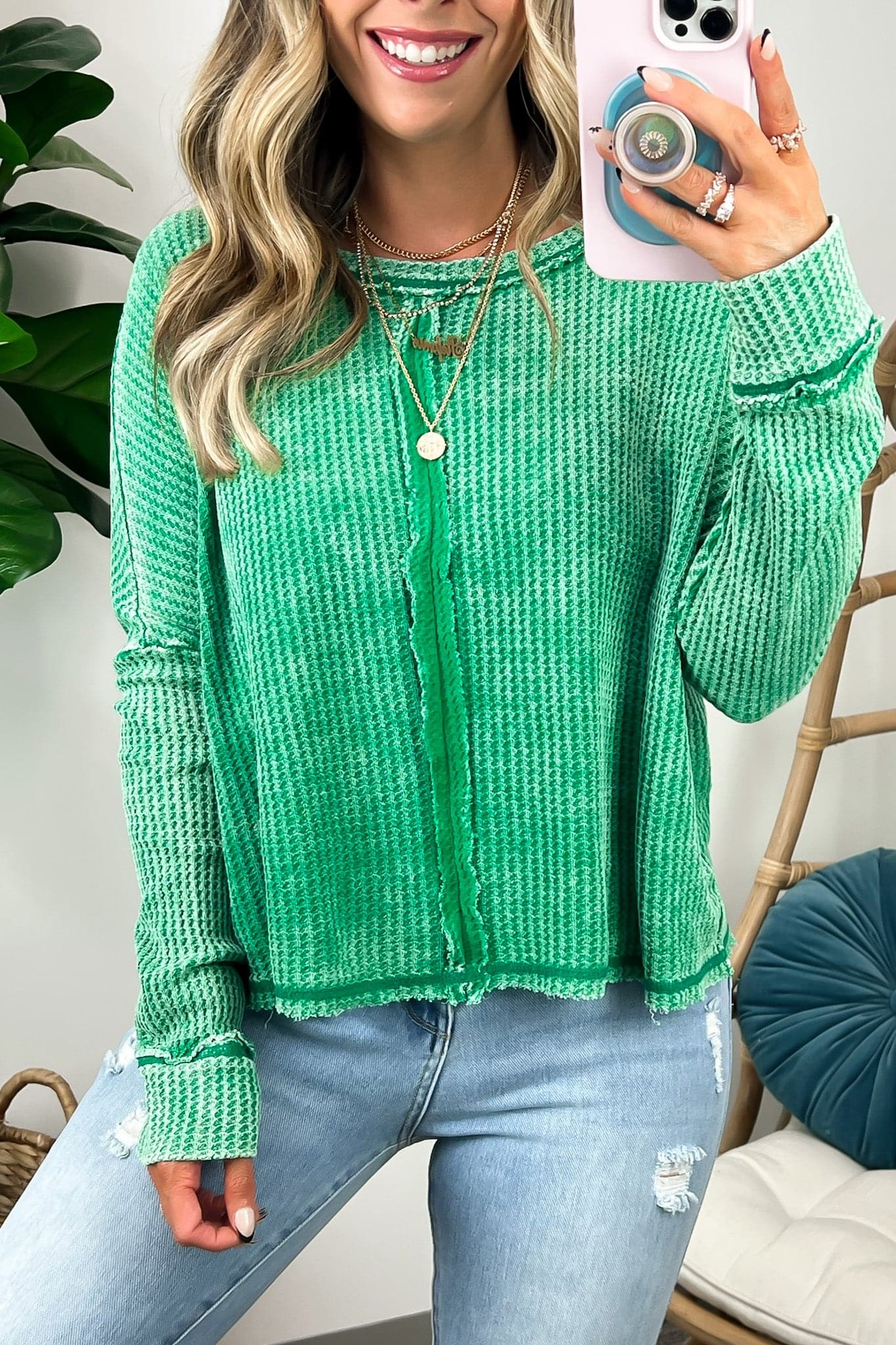 Kelly Green / S Avelyna Washed Waffle Knit Long Sleeve Top - FINAL SALE - Madison and Mallory