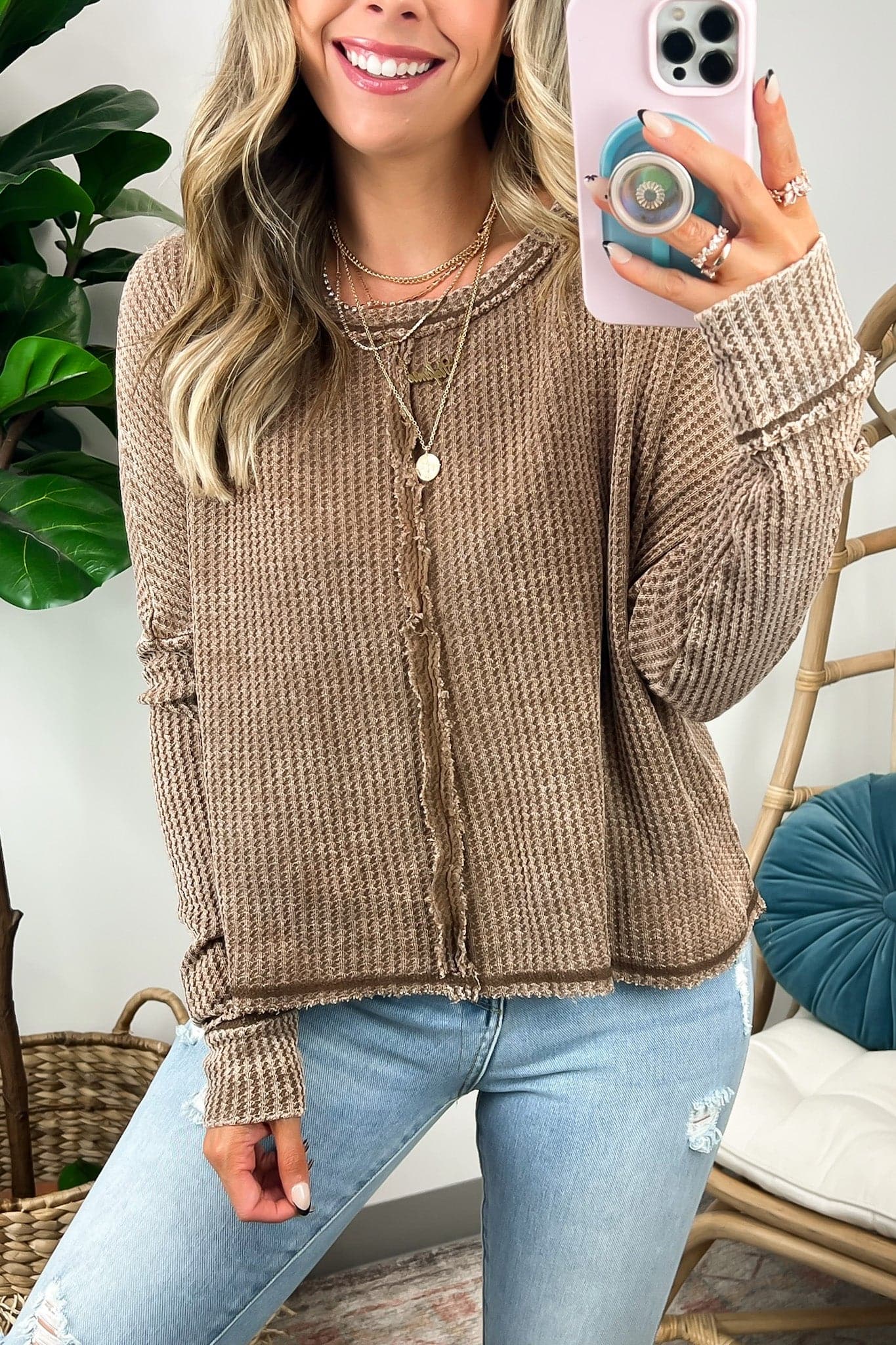 Dark Camel / S Avelyna Washed Waffle Knit Long Sleeve Top - FINAL SALE - Madison and Mallory