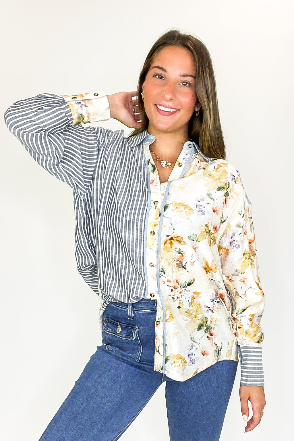 Garden Lines Relaxed Fit Long Sleeve Striped And Floral Top - FINAL SALE - Madison and Mallory