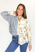 Garden Lines Relaxed Fit Long Sleeve Striped And Floral Top - FINAL SALE - Madison and Mallory