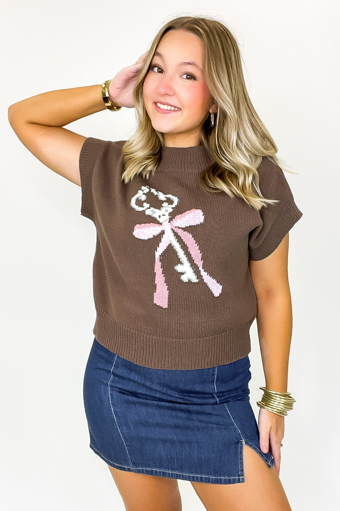 Key to Charm Graphic Knit Short Sleeve Sweater - Madison and Mallory