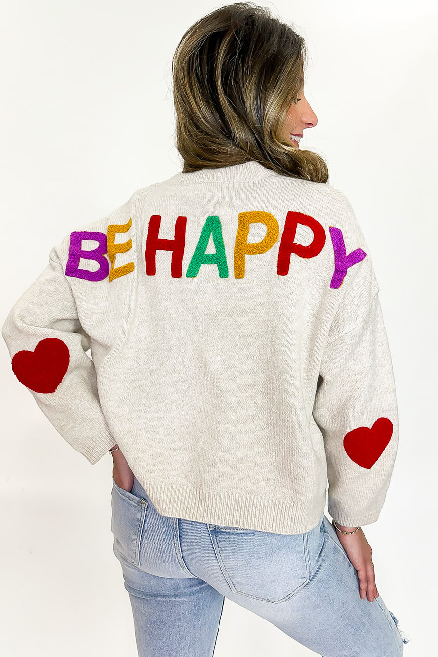 SM / Oatmeal BE HAPPY Multicolor Graphic Patch Sweater - Madison and Mallory