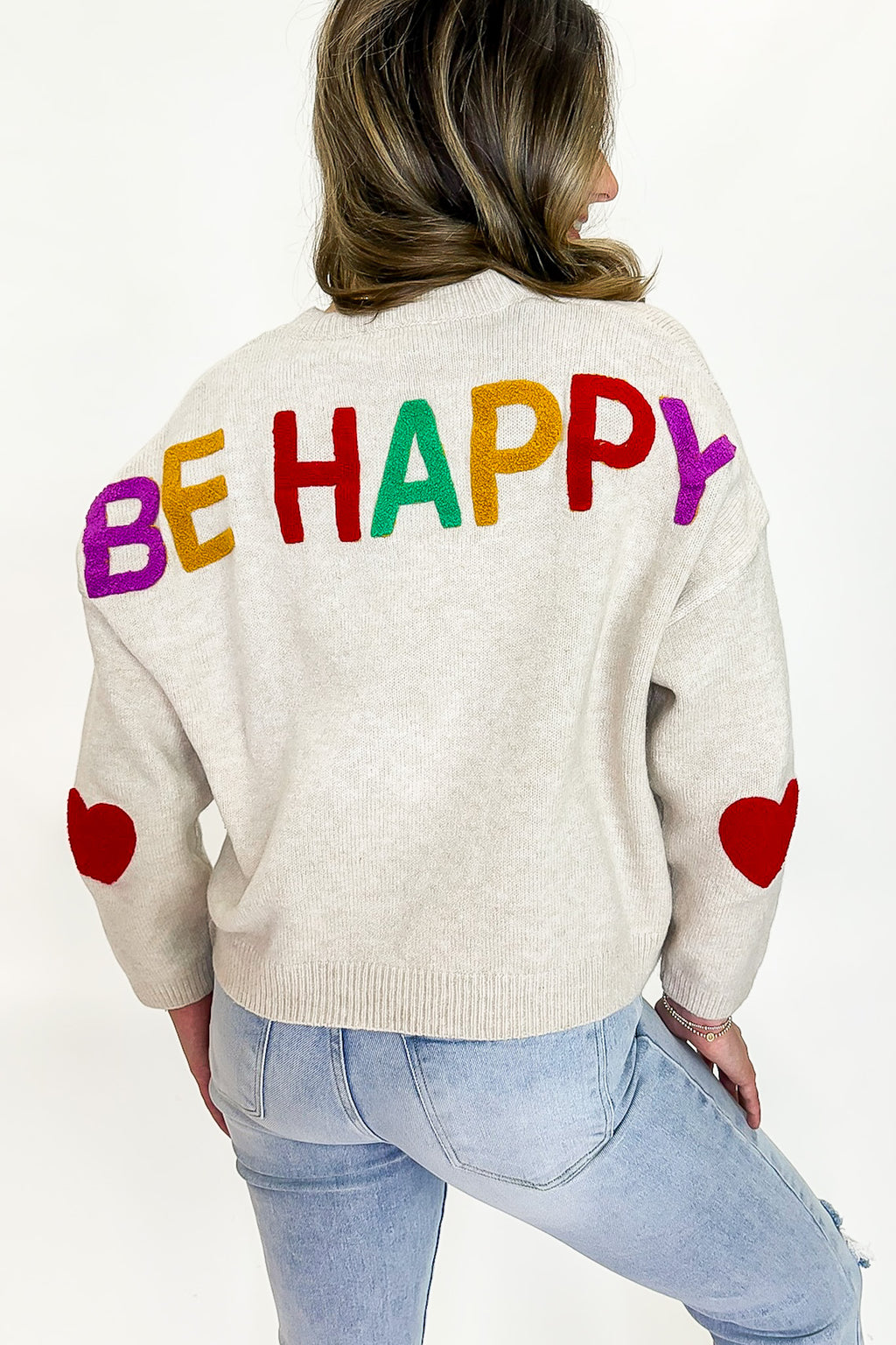 BE HAPPY Multicolor Graphic Patch Sweater - FINAL SALE - Madison and Mallory