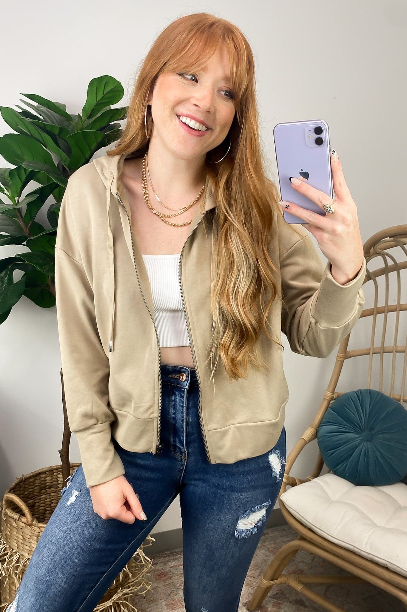 Taupe / S Baize Boxy Cropped Zip Up Hoodie - Madison and Mallory