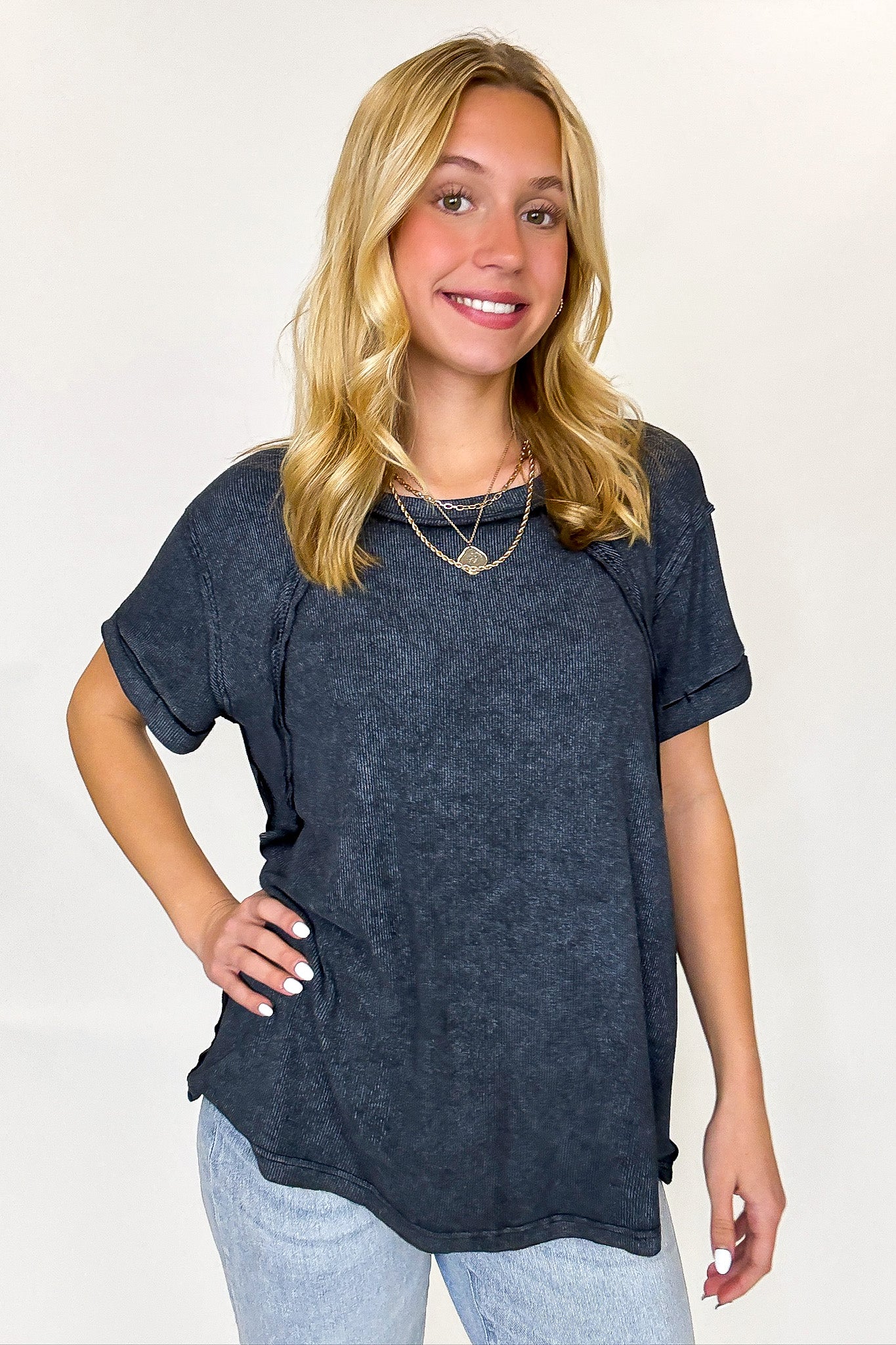 Balanced Comfort Acid Wash Rib Cuff Top