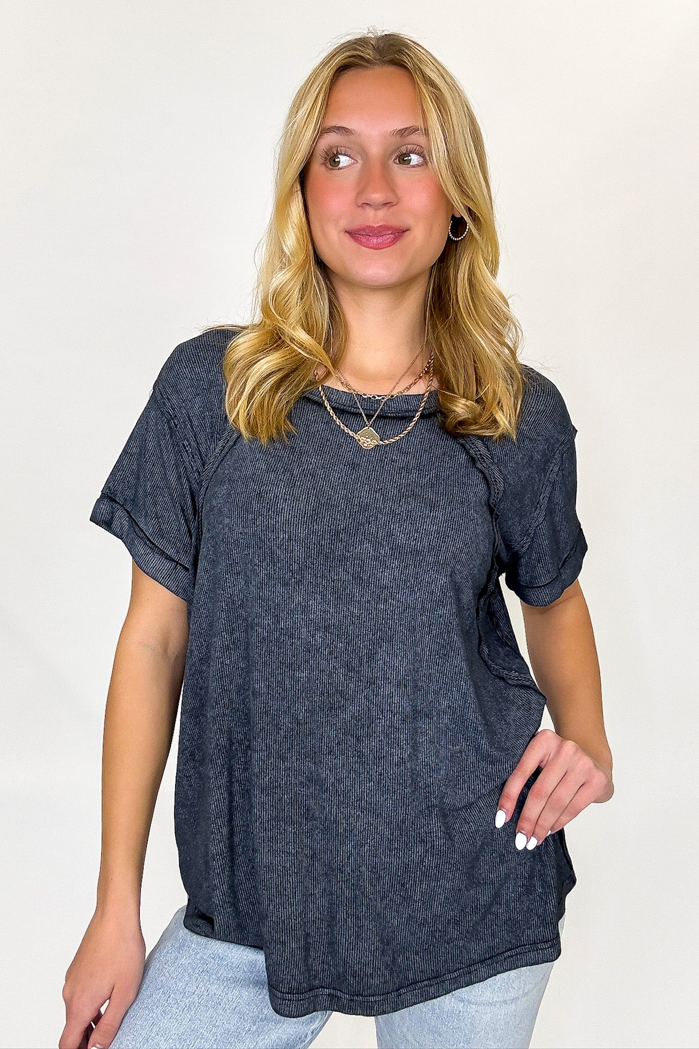 Balanced Comfort Acid Wash Rib Cuff Top