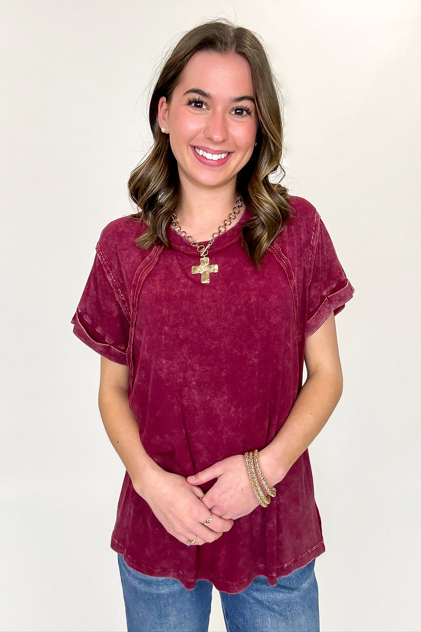 Balanced Comfort Acid Wash Rib Cuff Top