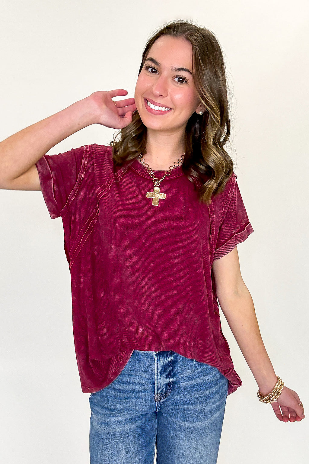 Cabernet / SM Balanced Comfort Acid Wash Rib Cuff Top - Madison and Mallory