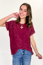 Cabernet / SM Balanced Comfort Acid Wash Rib Cuff Top - Madison and Mallory