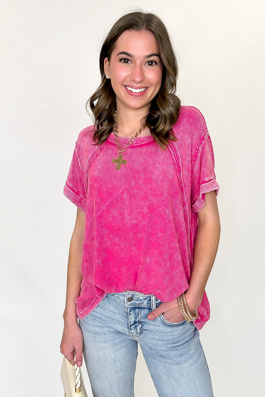 Hot Pink / SM Balanced Comfort Acid Wash Rib Cuff Top - Madison and Mallory