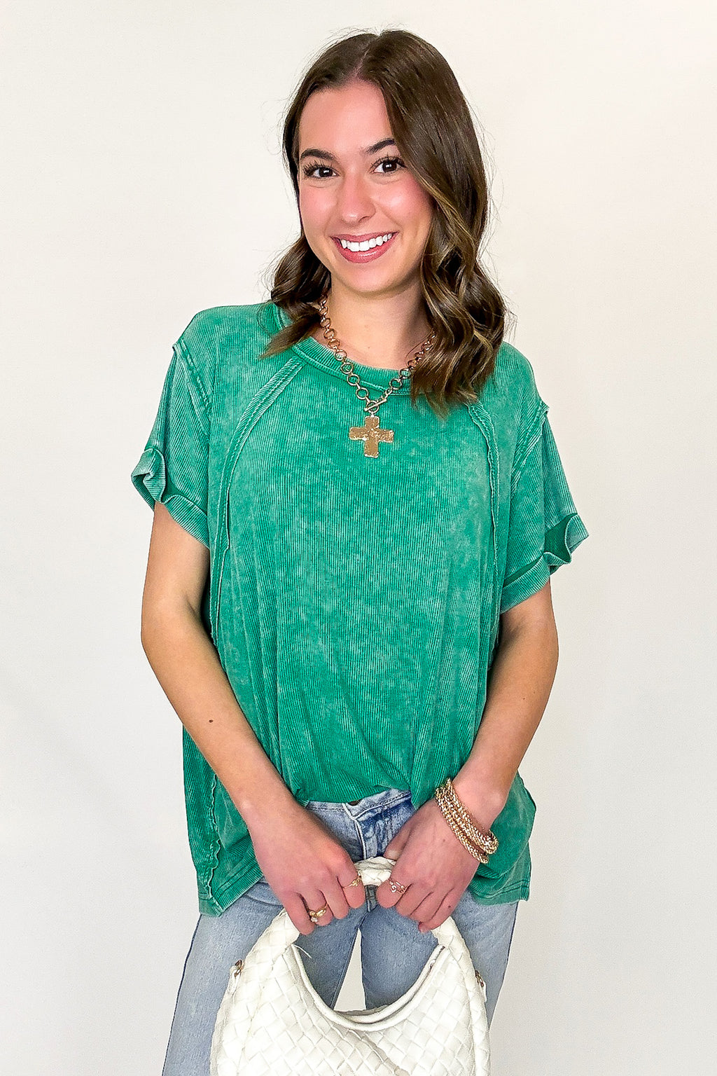 Kelly Green / SM Balanced Comfort Acid Wash Rib Cuff Top - Madison and Mallory