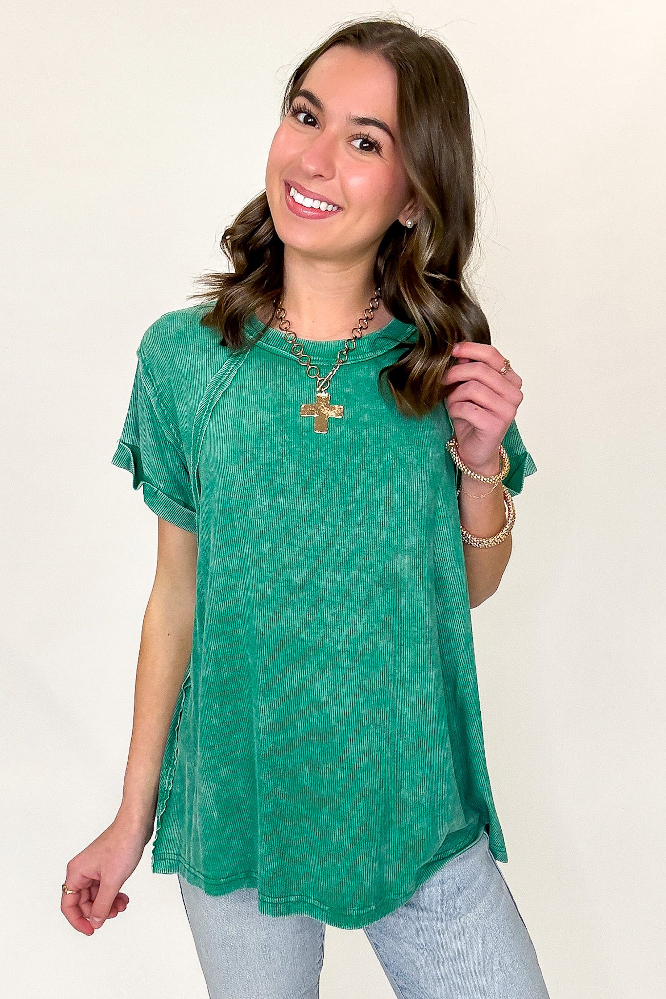 Balanced Comfort Acid Wash Rib Cuff Top