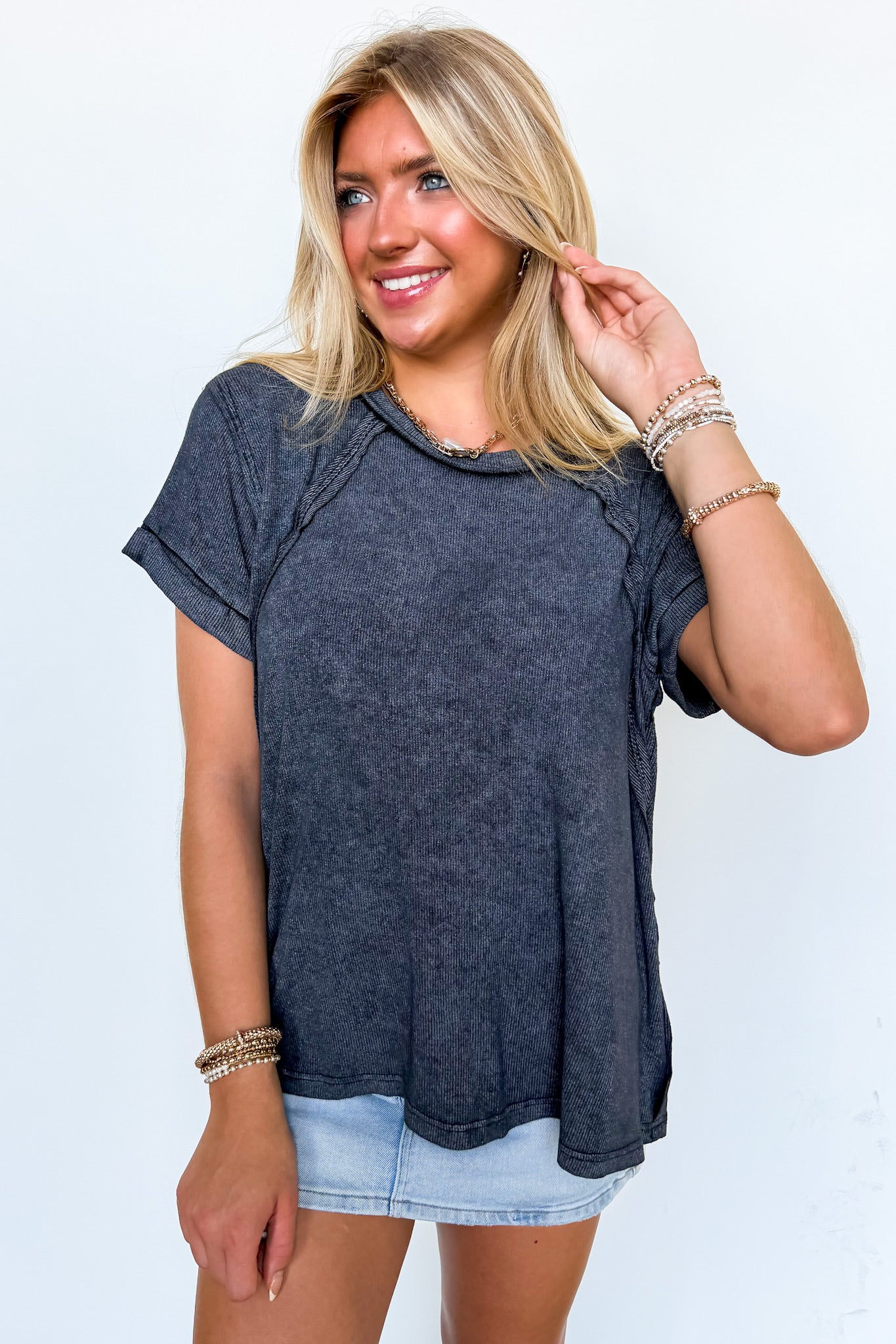 Balanced Comfort Acid Wash Rib Cuff Top - BACK IN STOCK