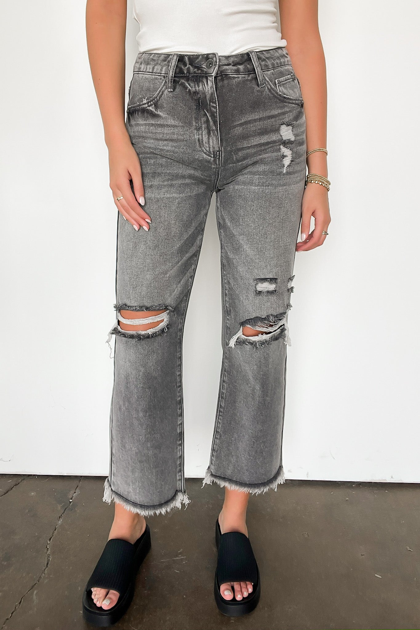 1 / Gray Baylee High Rise Distressed Mom Jeans - Madison and Mallory