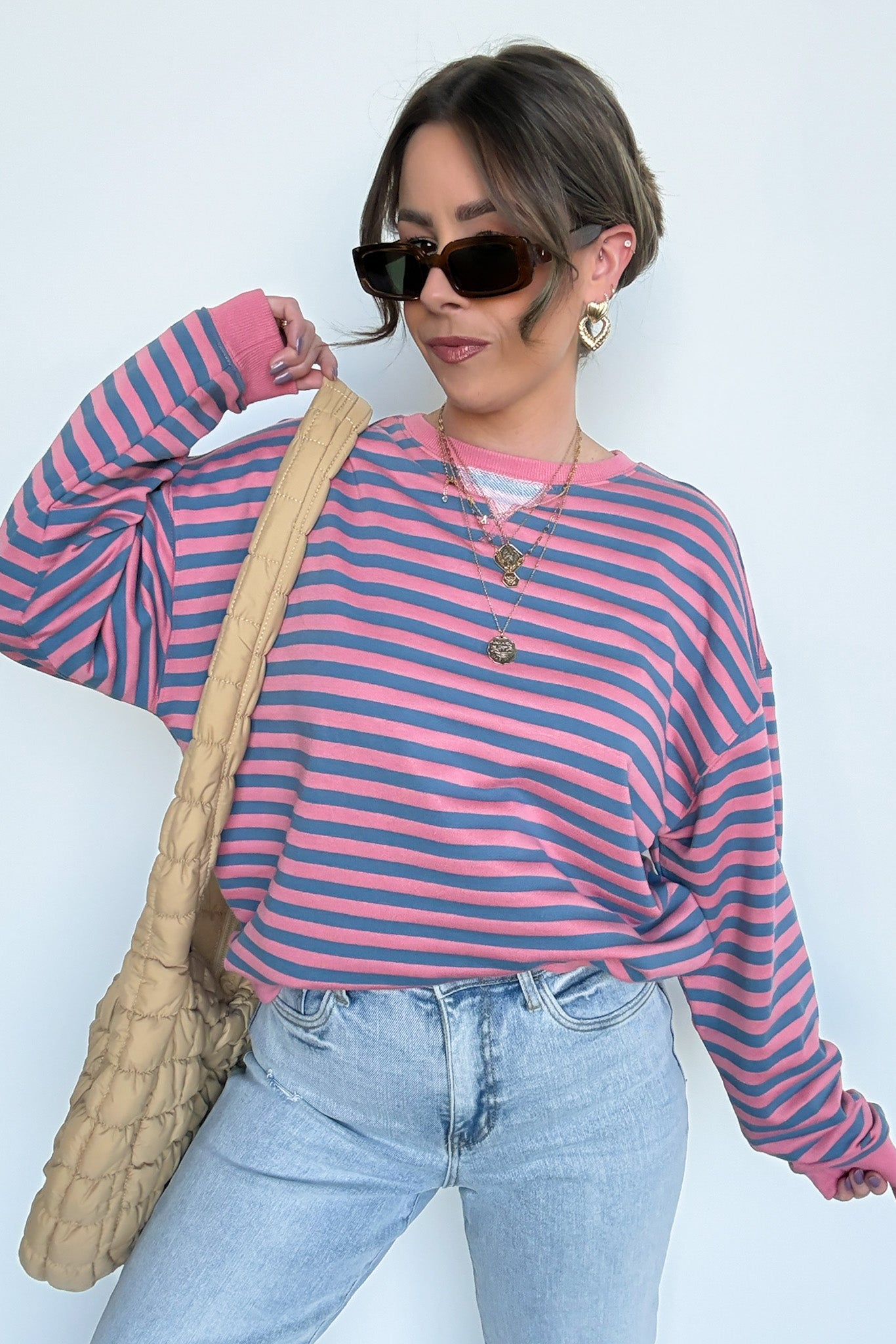 S / Rose/Blue Baylor Striped Oversized Pullover - Madison and Mallory