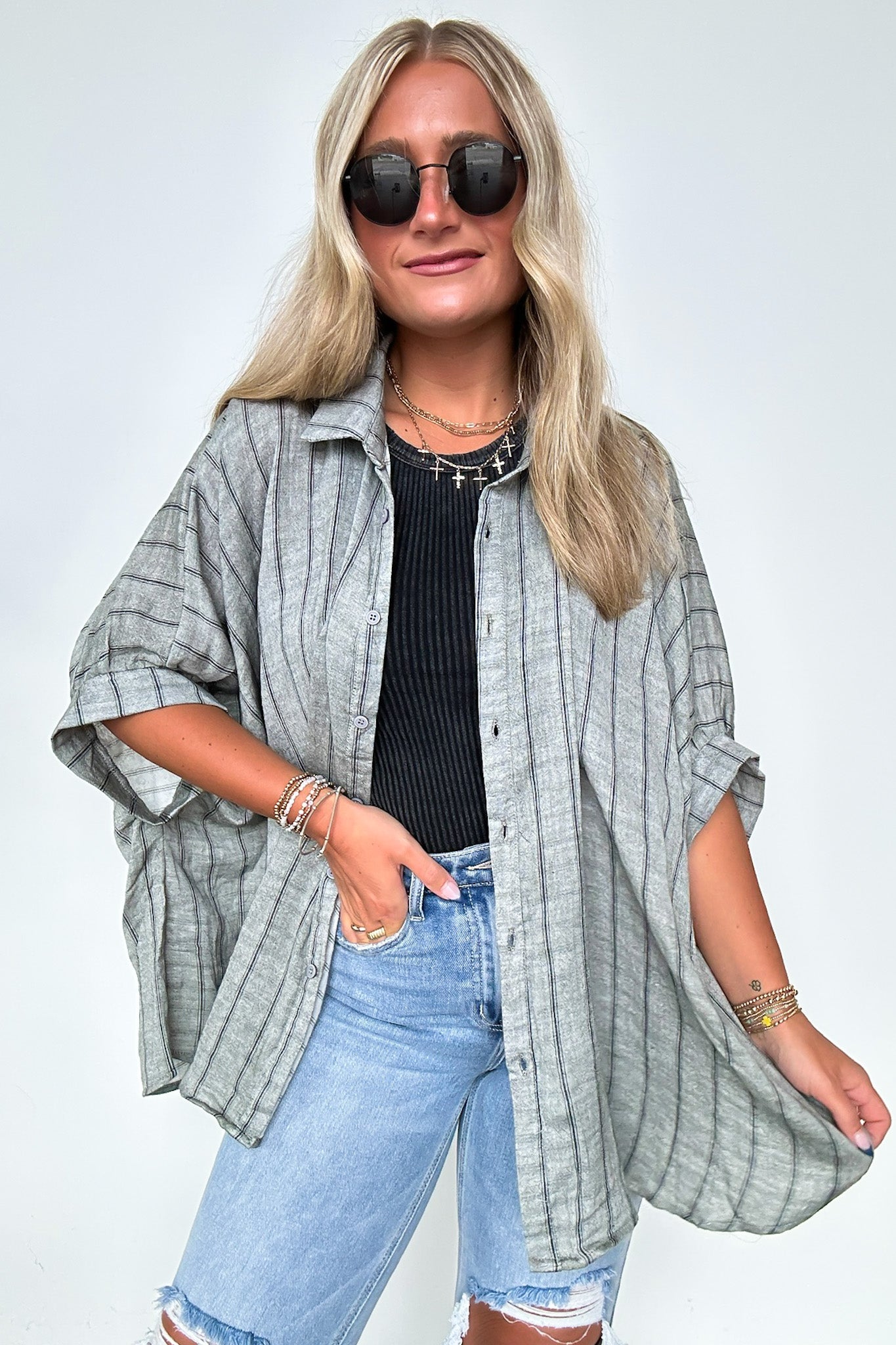 Black / S Beckham Oversized Striped Button Down Top - BACK IN STOCK - Madison and Mallory