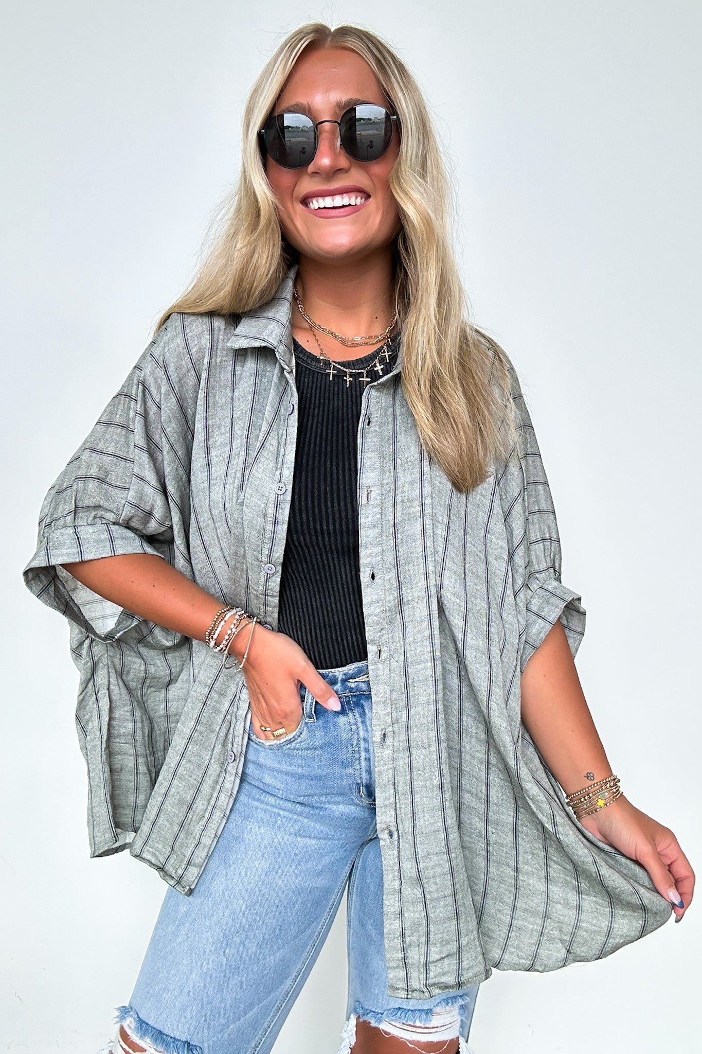  Beckham Oversized Striped Button Down Top - BACK IN STOCK - Madison and Mallory