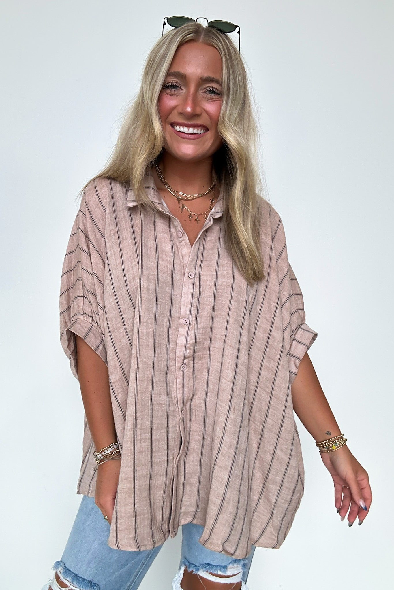 Latte / S Beckham Oversized Striped Button Down Top - BACK IN STOCK - Madison and Mallory