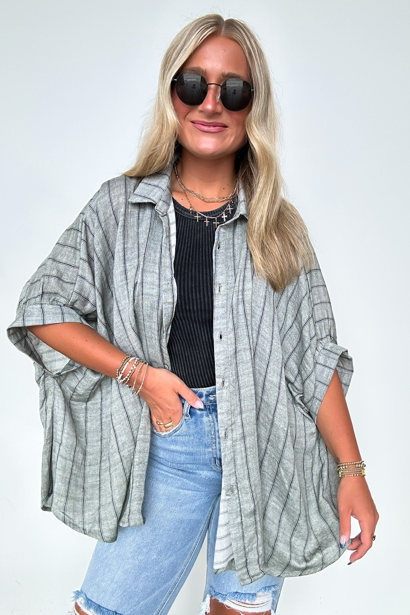  Beckham Oversized Striped Button Down Top - BACK IN STOCK - Madison and Mallory