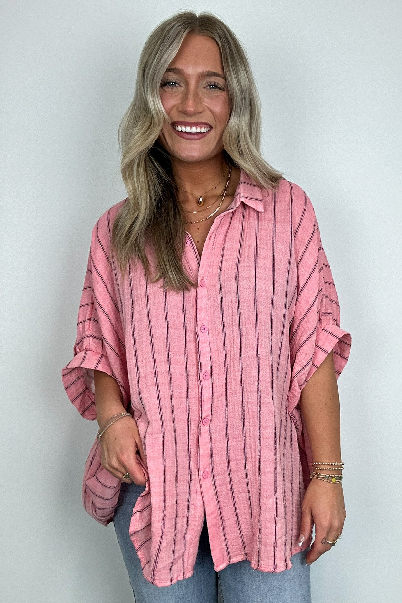  Beckham Oversized Striped Button Down Top - BACK IN STOCK - Madison and Mallory