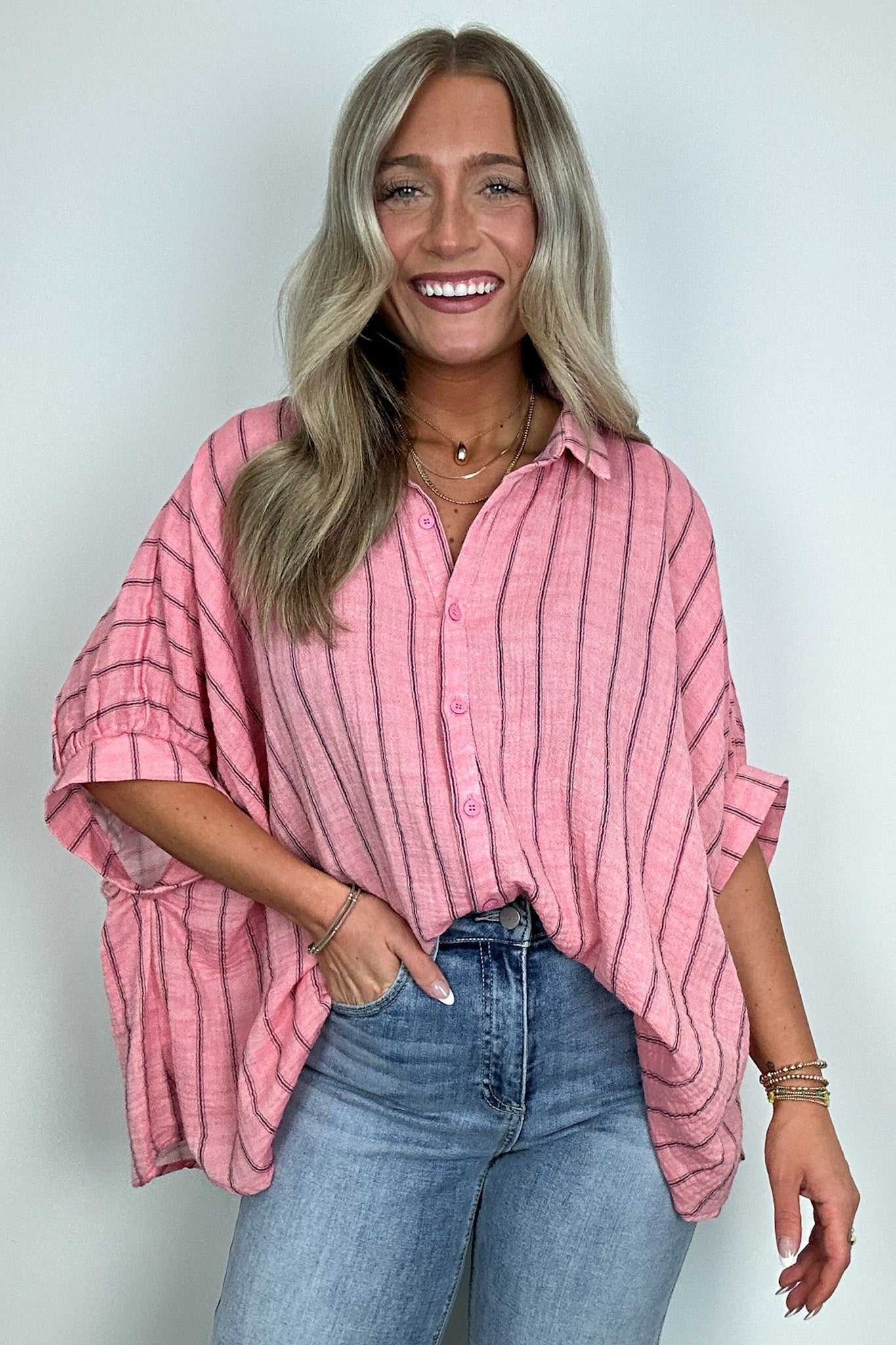  Beckham Oversized Striped Button Down Top - BACK IN STOCK - Madison and Mallory