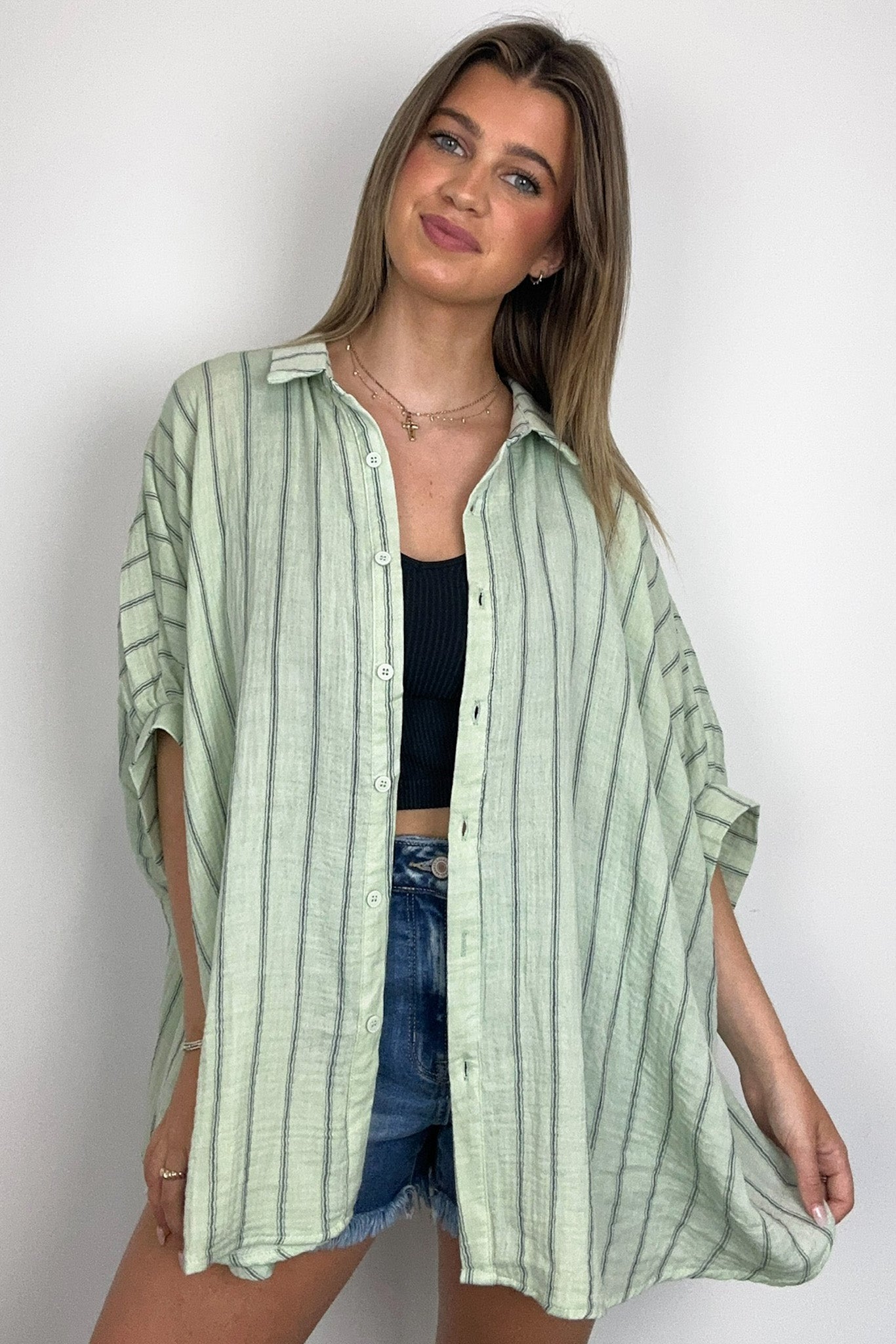 Mint / S Beckham Oversized Striped Button Down Top - BACK IN STOCK - Madison and Mallory