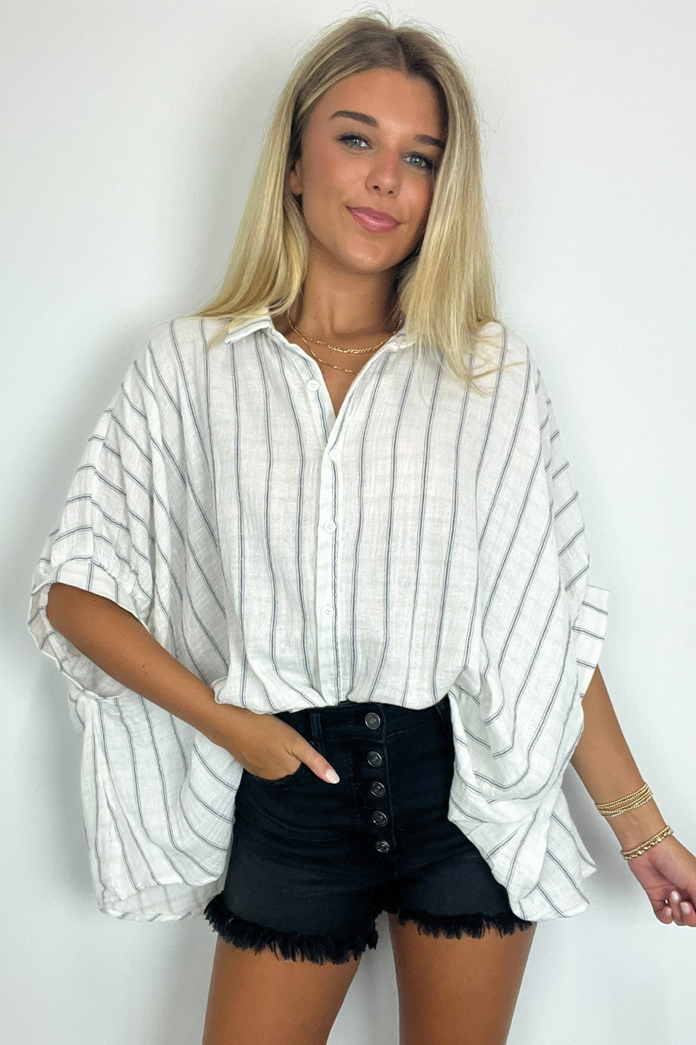 Ivory / S Beckham Oversized Striped Button Down Top - BACK IN STOCK - Madison and Mallory