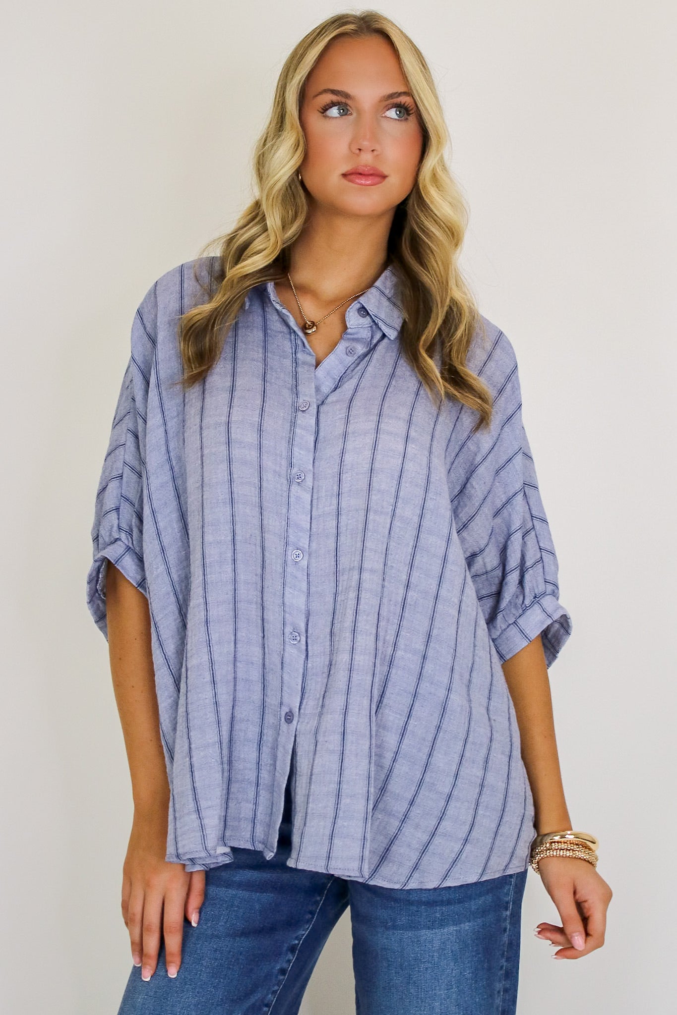 Beckham Oversized Striped Button Down Top