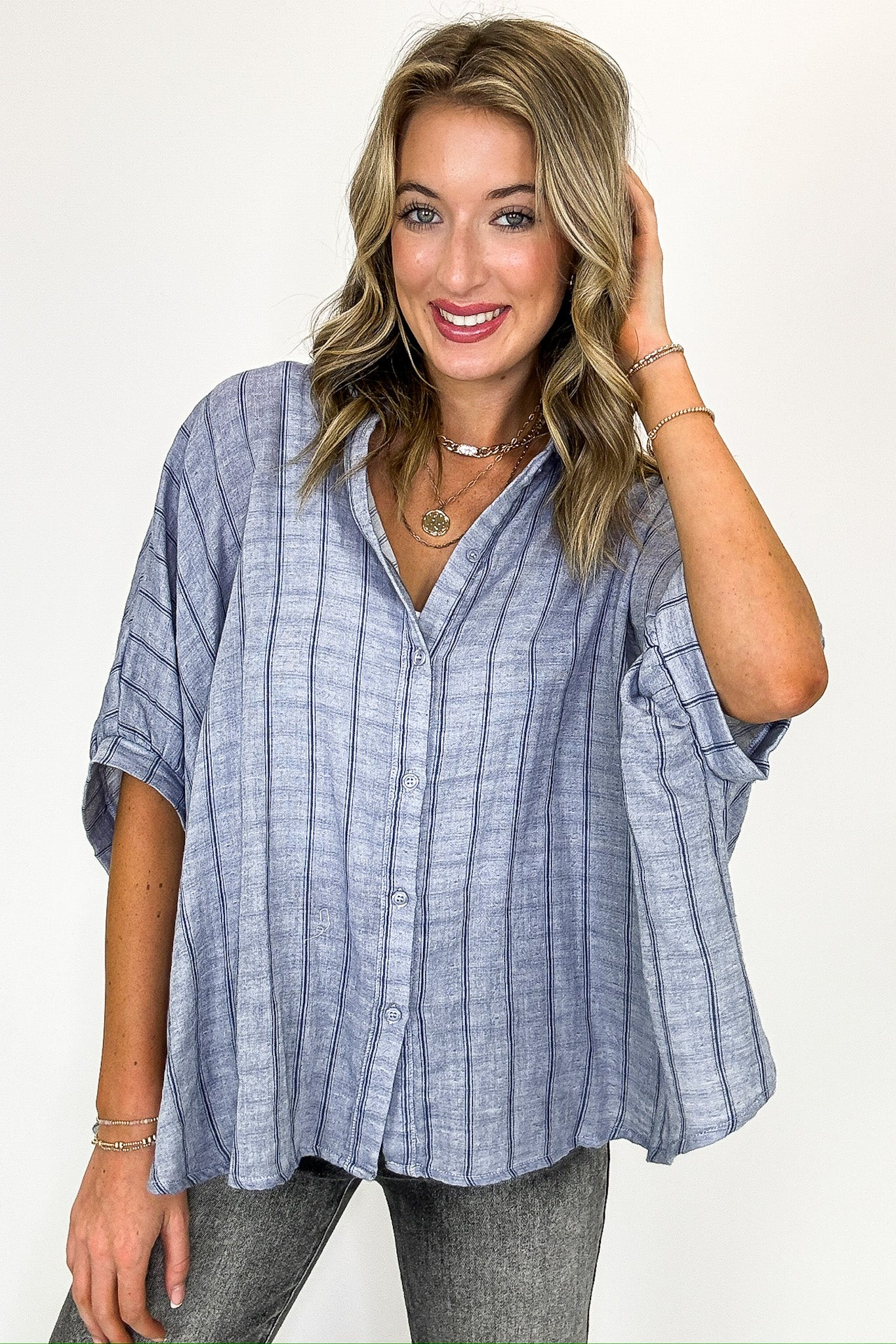 Beckham Oversized Striped Button Down Top - BACK IN STOCK