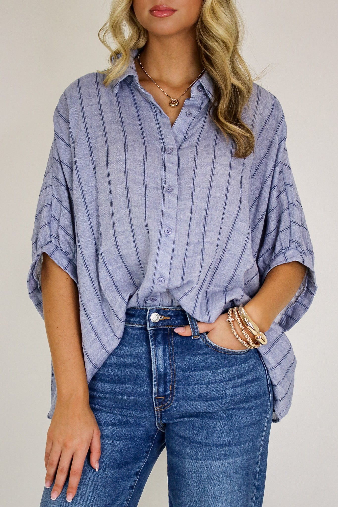 Beckham Oversized Striped Button Down Top