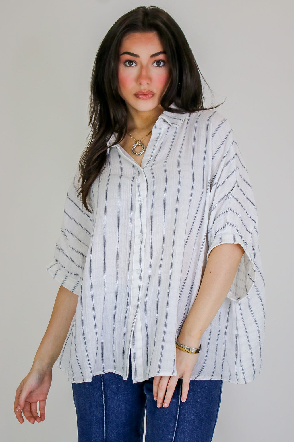 Beckham Oversized Striped Button Down Top