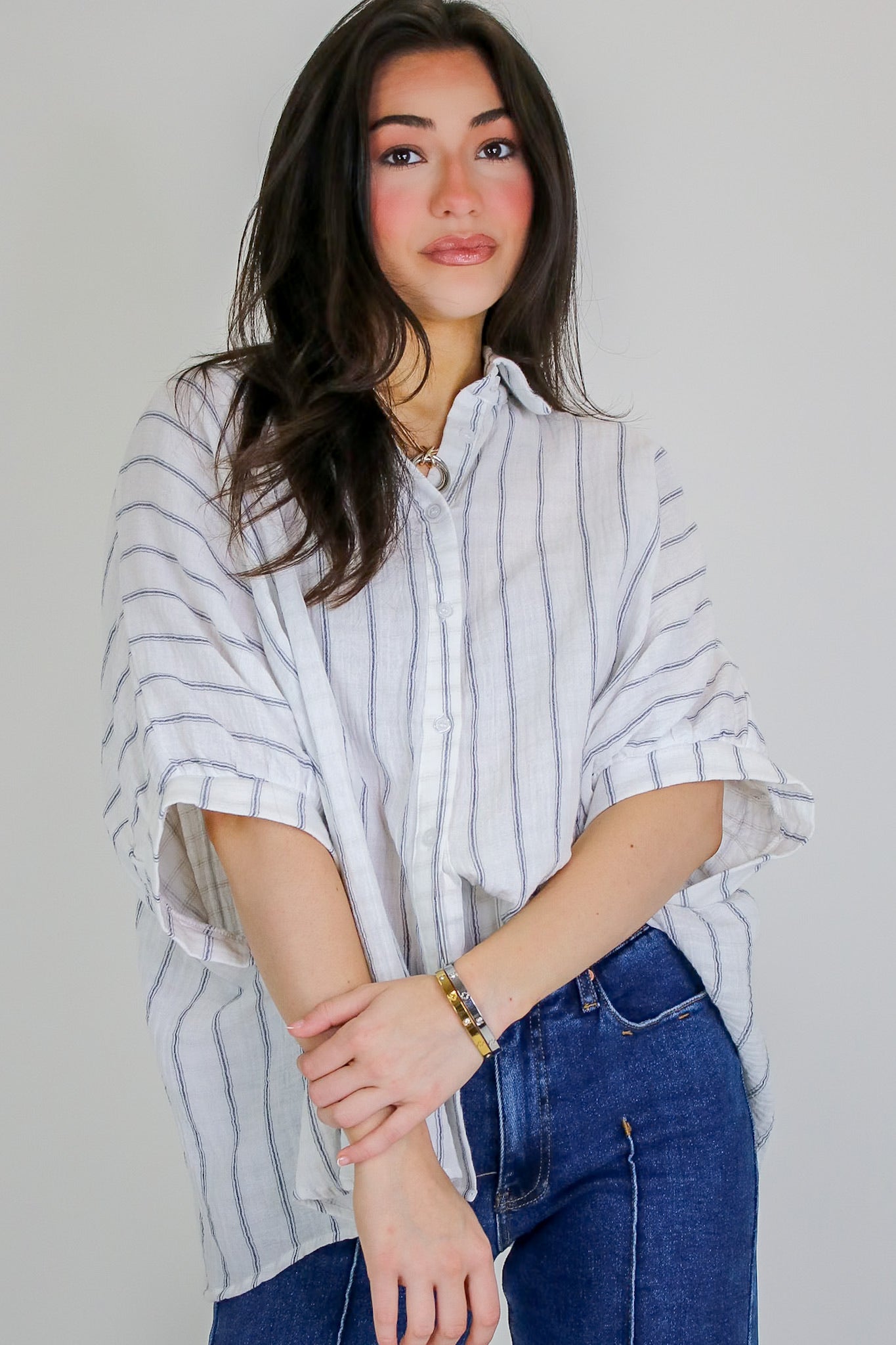 Beckham Oversized Striped Button Down Top