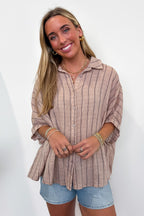 Latte / S Beckham Oversized Striped Button Down Top - Madison and Mallory
