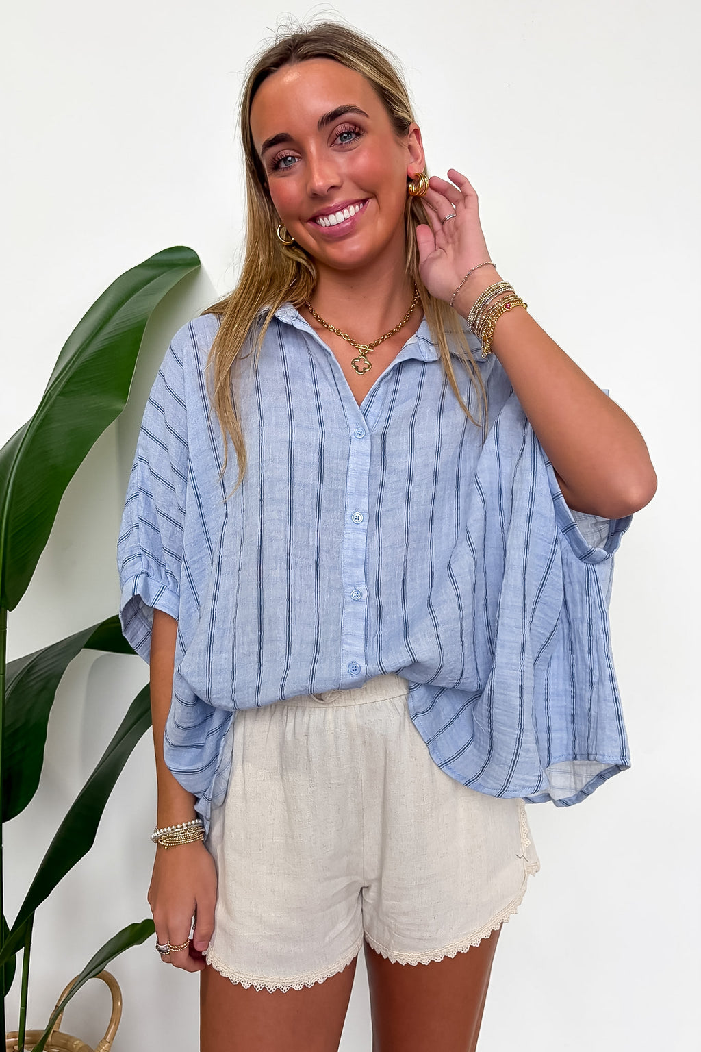 Light Blue / S Beckham Oversized Striped Button Down Top - Madison and Mallory