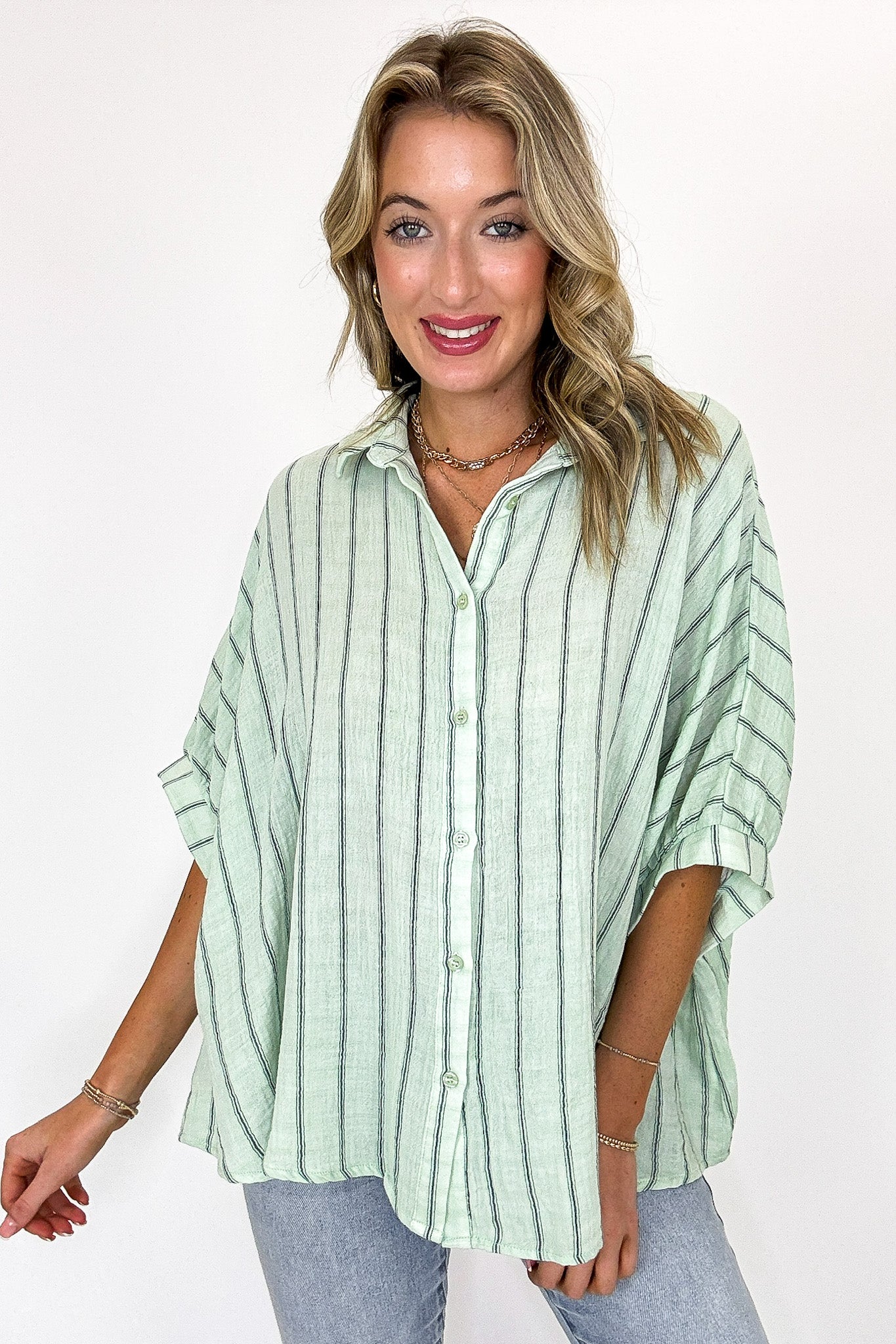 Mint / S Beckham Oversized Striped Button Down Top - BACK IN STOCK - Madison and Mallory