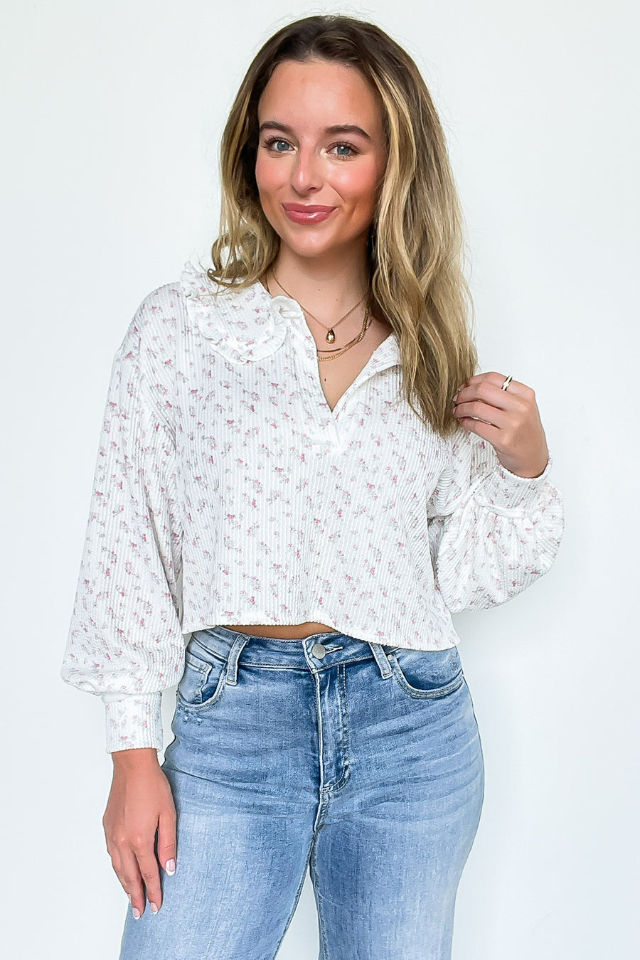 Bella Floral Printed Rib Collared Top - Madison and Mallory