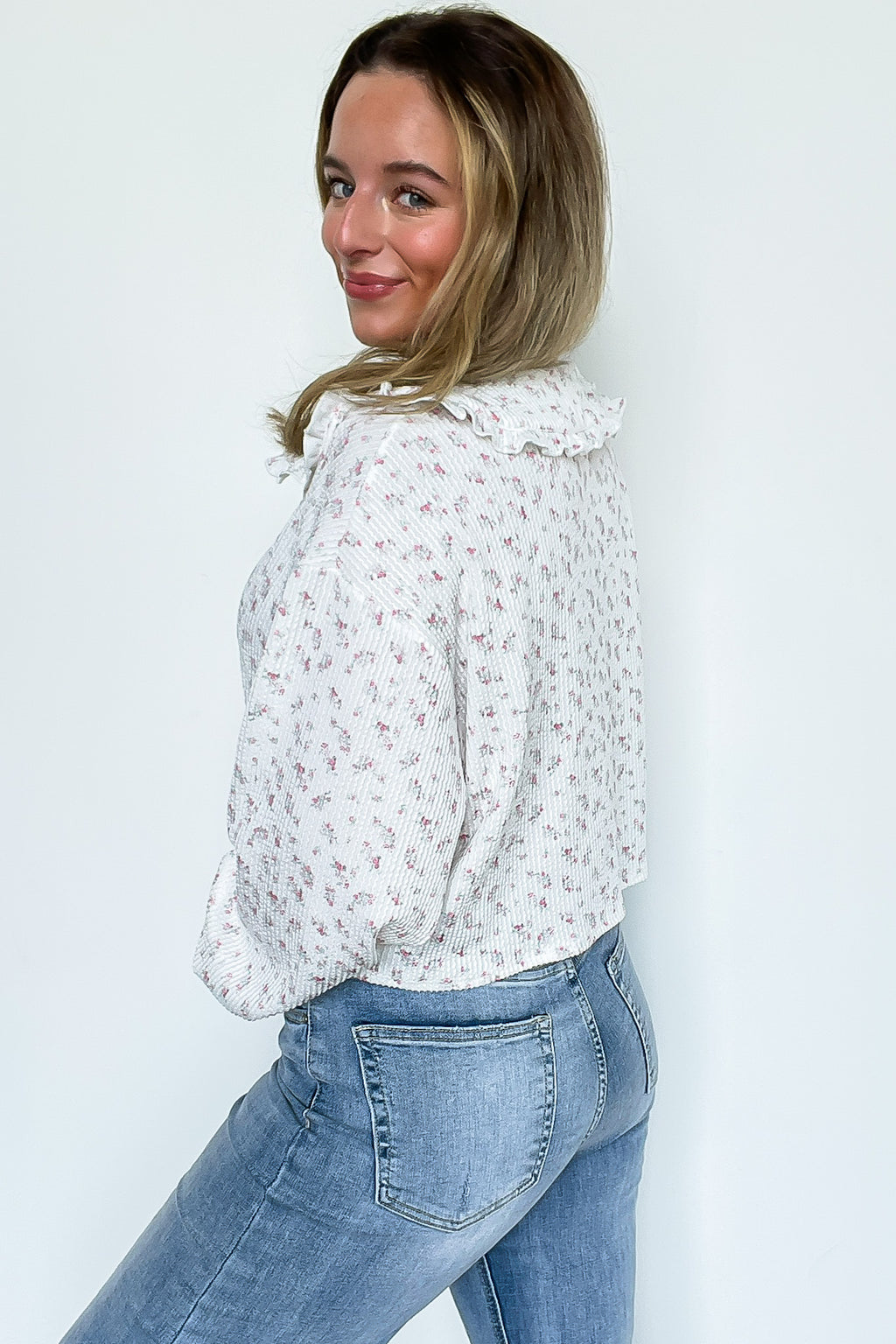 Bella Floral Printed Rib Collared Top - Madison and Mallory