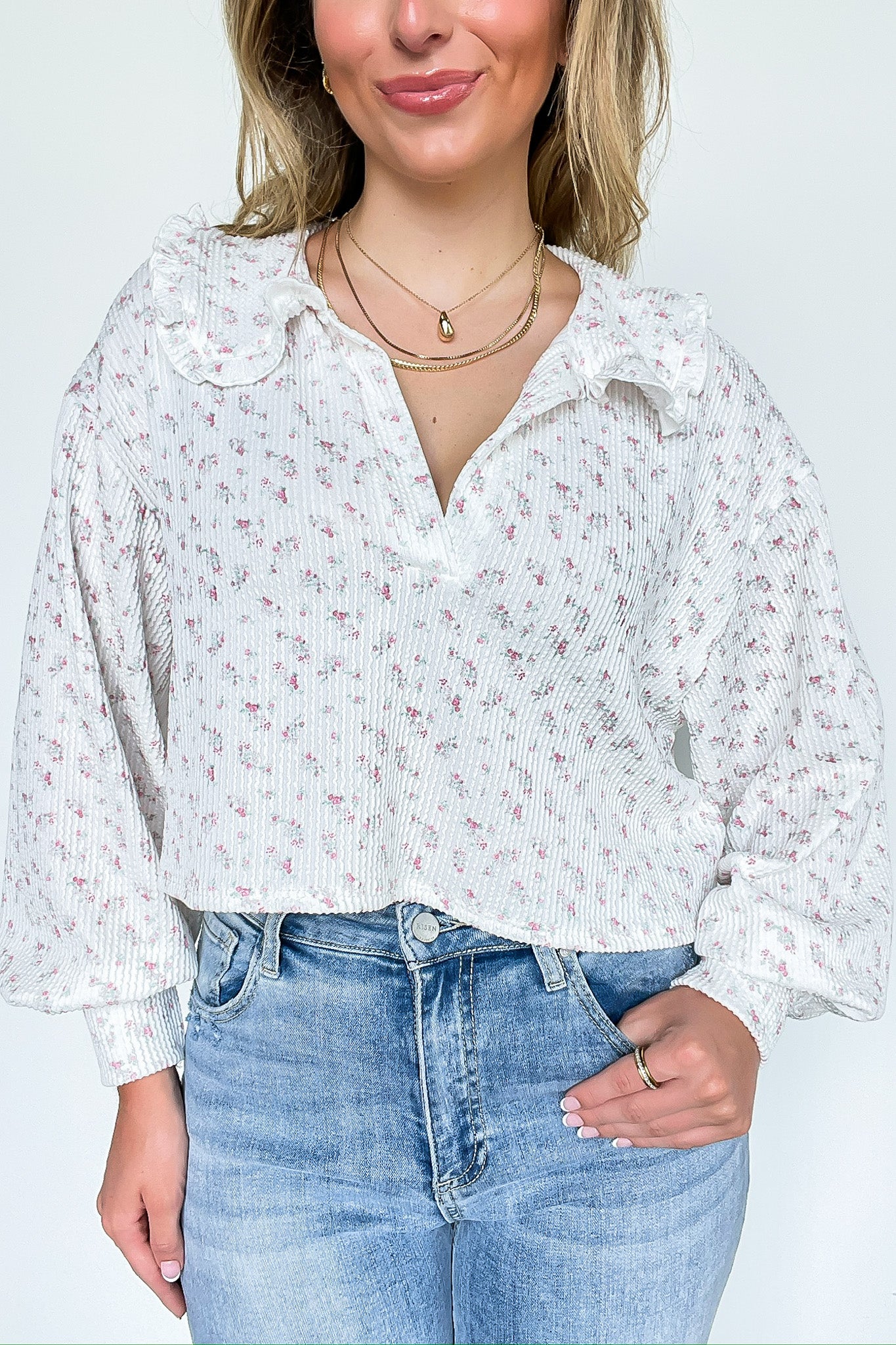 Bella Floral Printed Rib Collared Top - Madison and Mallory