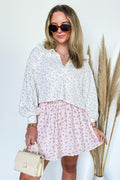 S / Pink/Off White Bella Floral Printed Rib Collared Top - Madison and Mallory