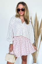 S / Pink/Off White Bella Floral Printed Rib Collared Top - Madison and Mallory