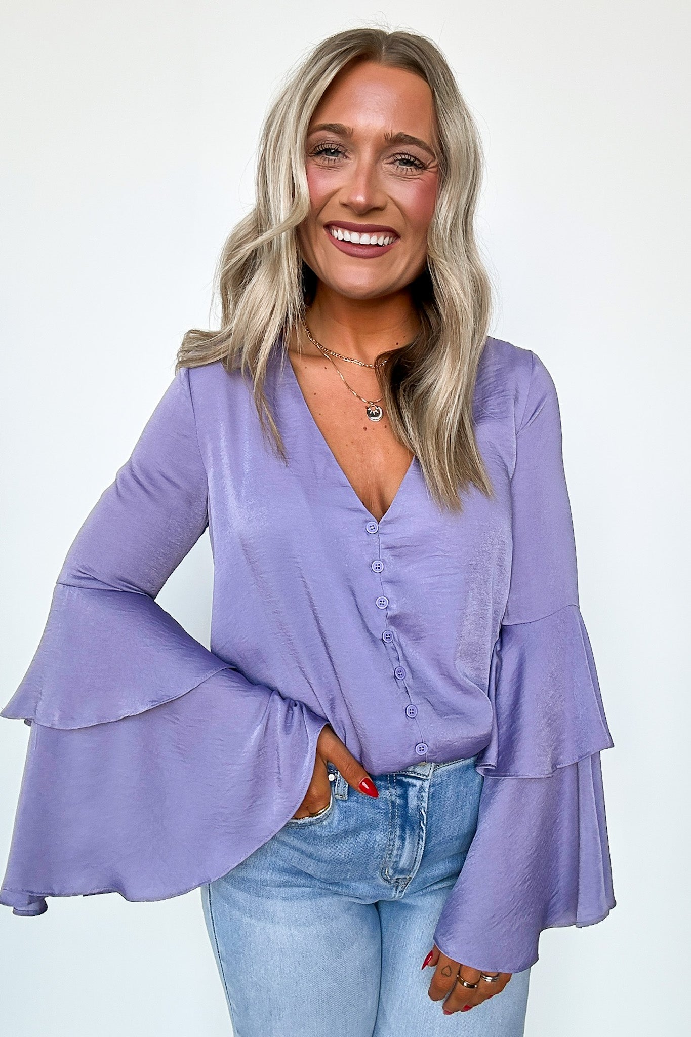 S / Dusty Lilac Beloved Darling Ruffle Bell Sleeve Button Bodysuit - Madison and Mallory