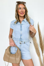 Belted Blues Sleeveless Zippered Denim Romper - Madison and Mallory