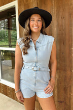 Belted Blues Sleeveless Zippered Denim Romper - Madison and Mallory