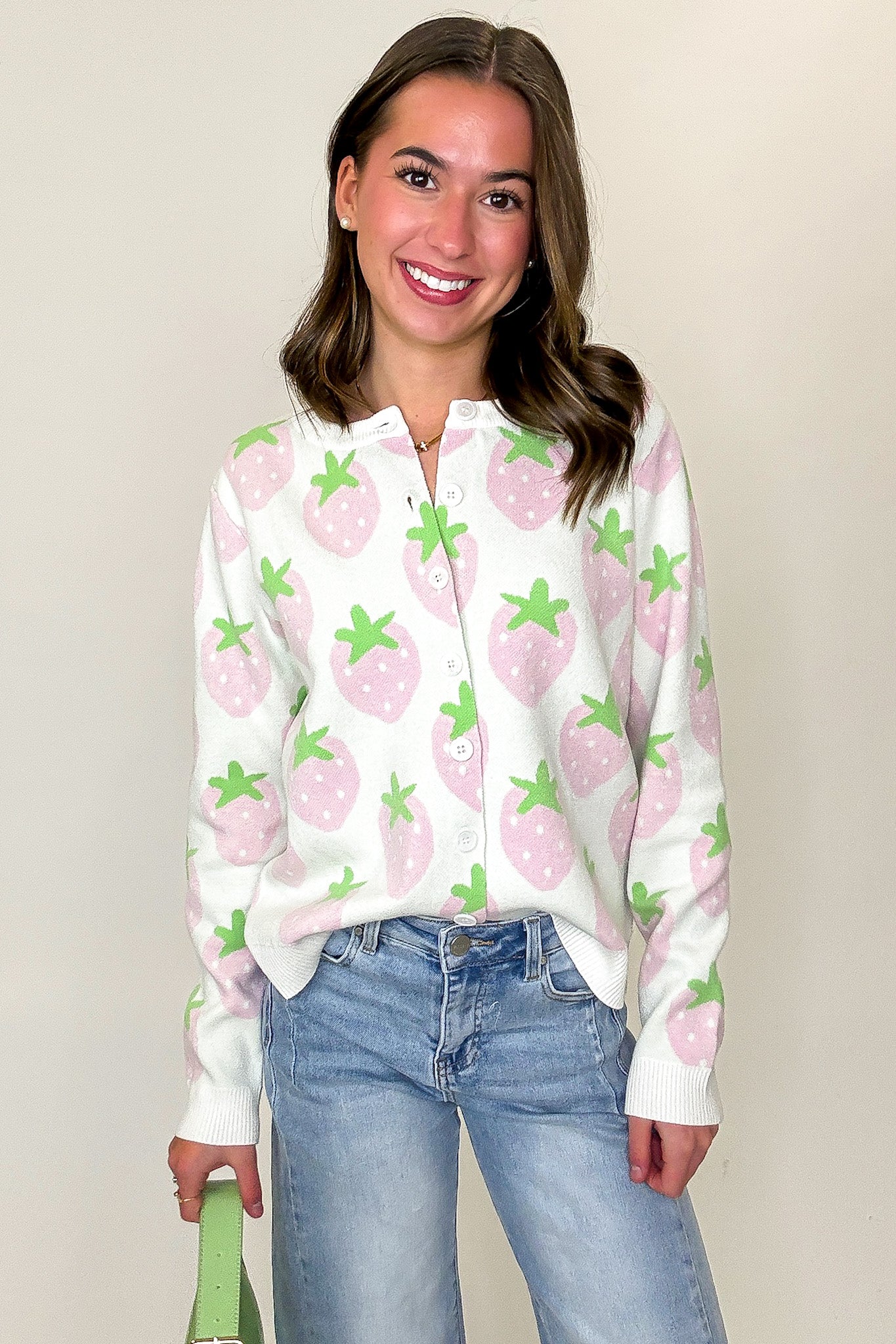 S / Cream Multi Berry Cozy Strawberry Print Cardigan Sweater - Madison and Mallory