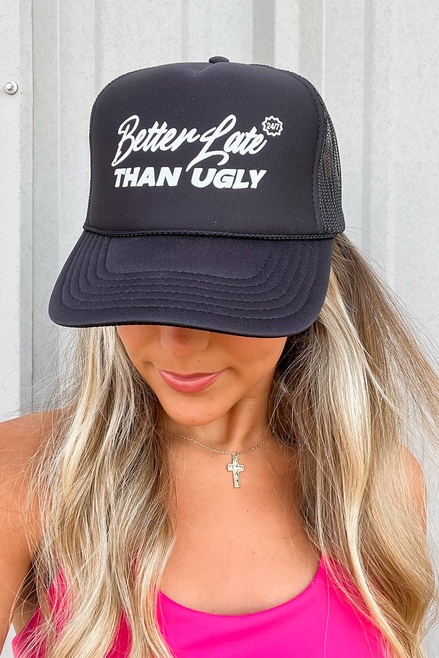  Better Late Than Ugly Graphic Trucker Hat - Madison and Mallory