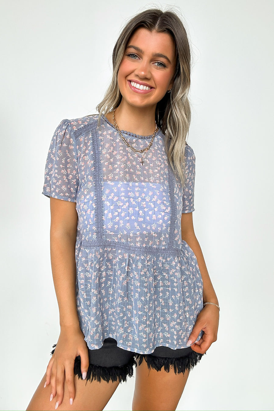 Denim / S Blissful Ideal Floral Lace Trim Ruffle Peplum Top - Madison and Mallory